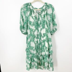 Current Air Abstract Motif Tie Neck Ruffled Mini Dress in Deep Mint Sz L